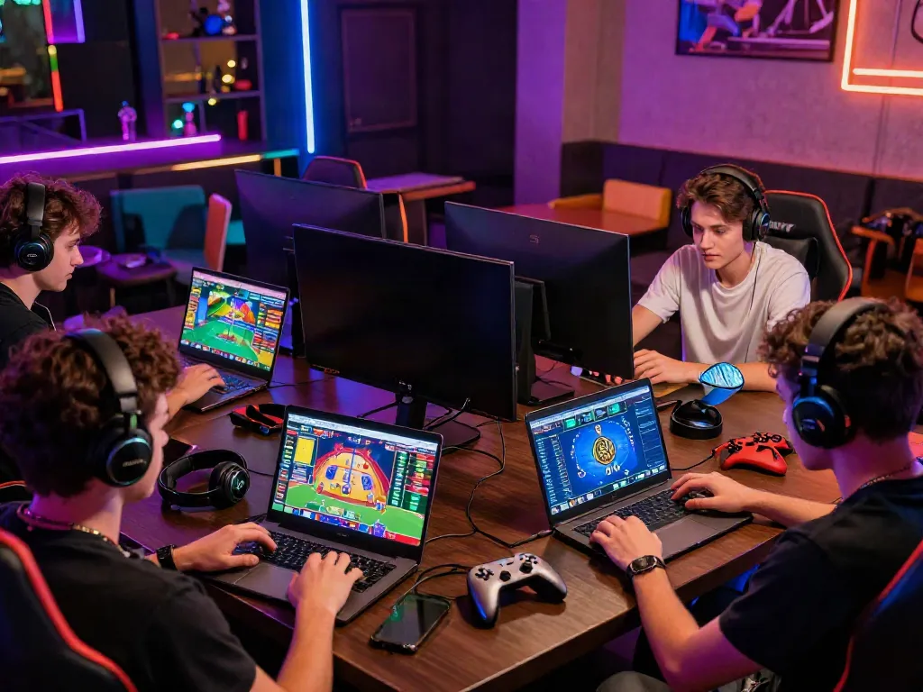 Players enjoying sv88's online gaming experience in a lively digital lounge.