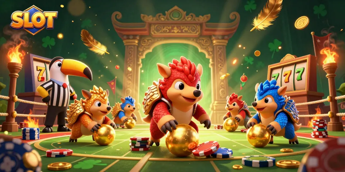 SLOT rivals battle amidst dynamic casino action with pangolins, poker chips, and gold coins.