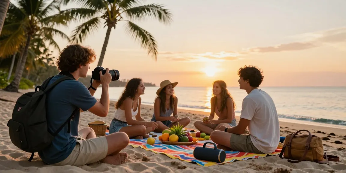 Link tantegacor88 dengan teman-teman menikmati piknik di pantai saat matahari terbenam.