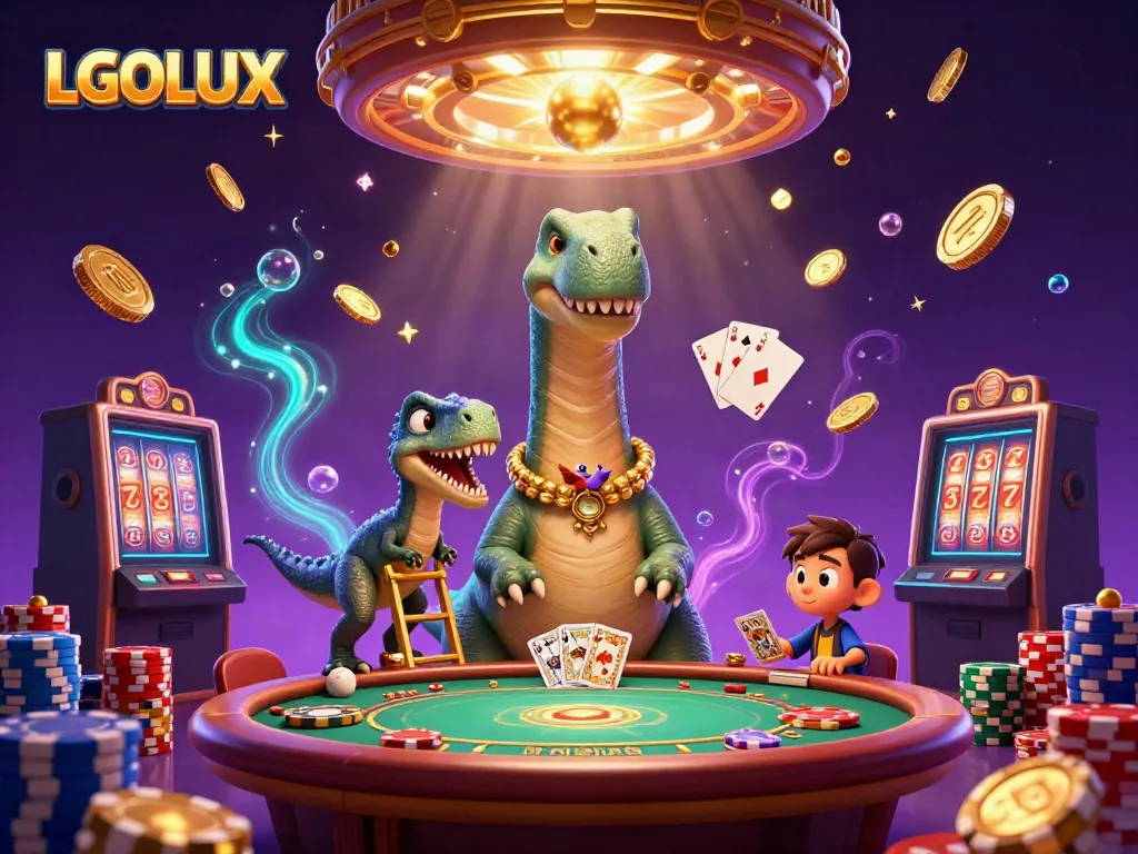Engage with LGOLUX as the colossal brontosaurus oversees a vibrant casino scene filled with card games and rewards.