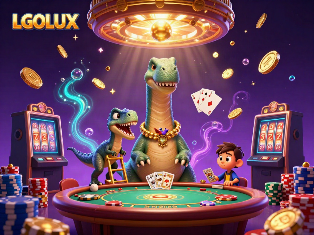 Engage with LGOLUX as the colossal brontosaurus oversees a vibrant casino scene filled with card games and rewards.