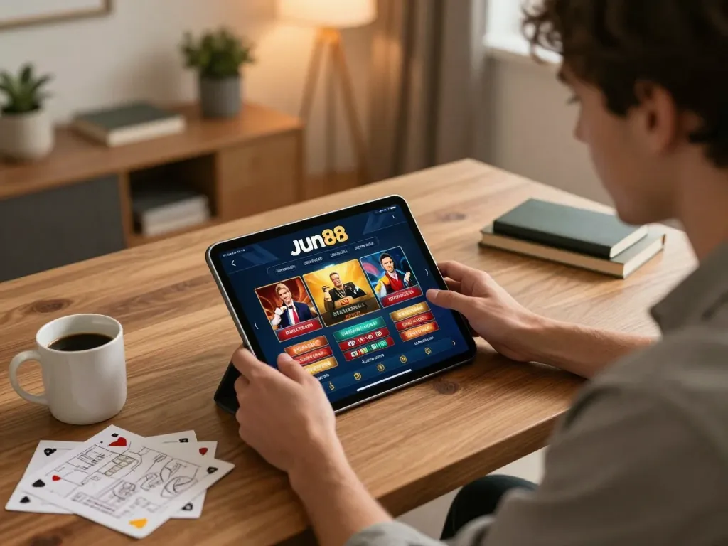 Player exploring Jun88 casino app on tablet, fostering responsible gambling in a cozy home setting.