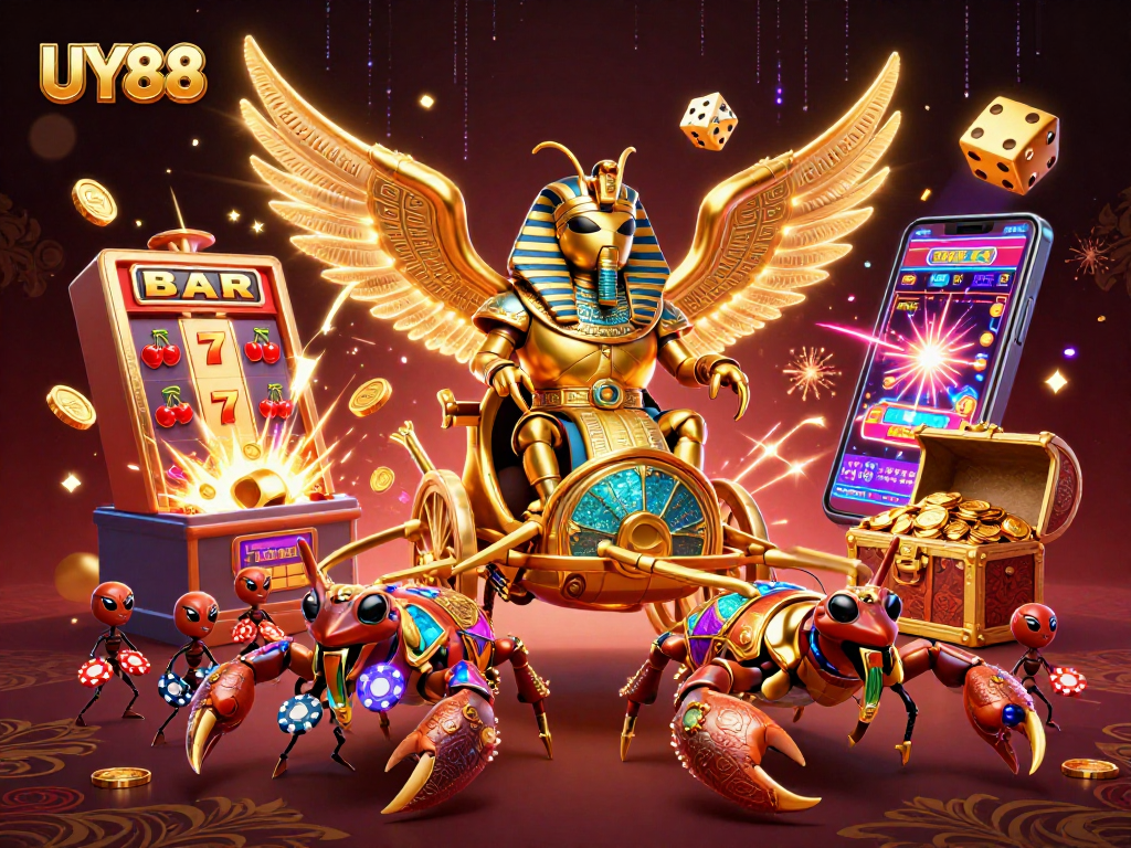 Engage in thrilling gameplay at UY88 with dazzling casino elements, including a dynamic scarab beetle scene.