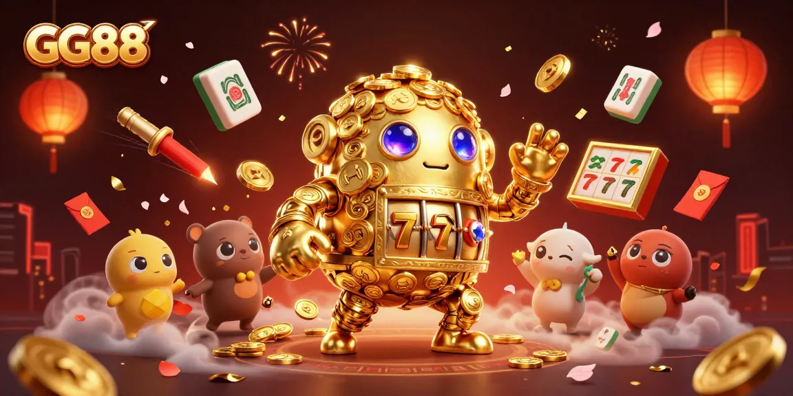 Experience the excitement of GG88 with a vibrant casino-themed illustration featuring a golden golem and slot machines.