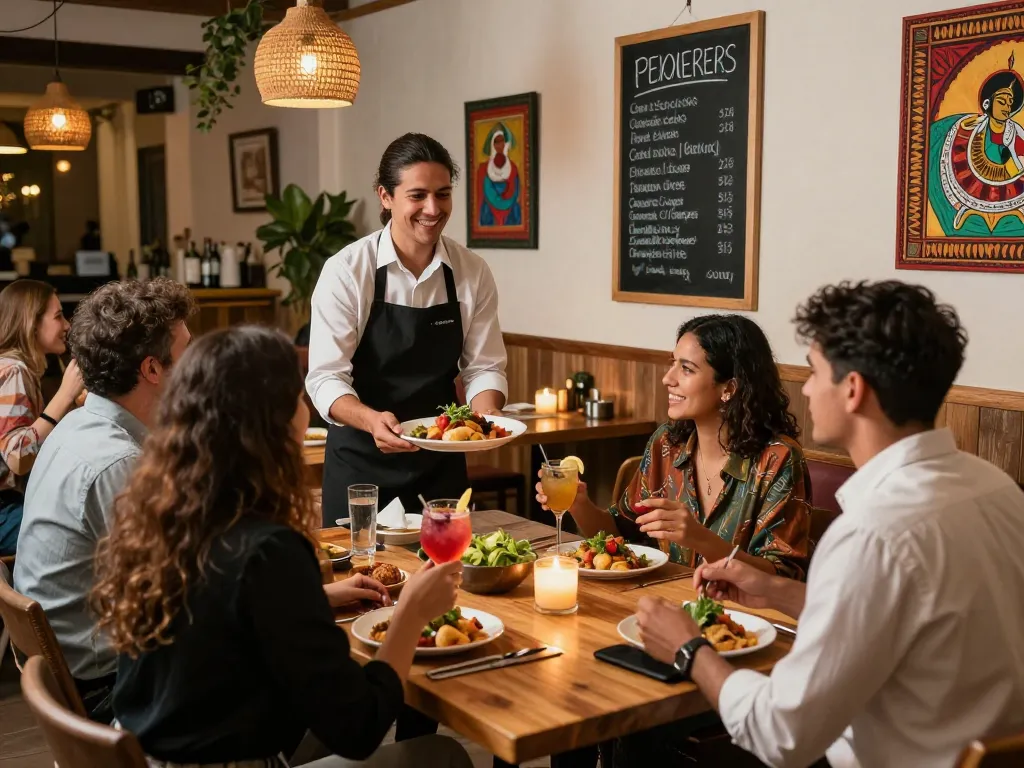 Guests enjoying vibrant dishes at Pokerseri restaurant, showcasing ambiance and culinary delights.