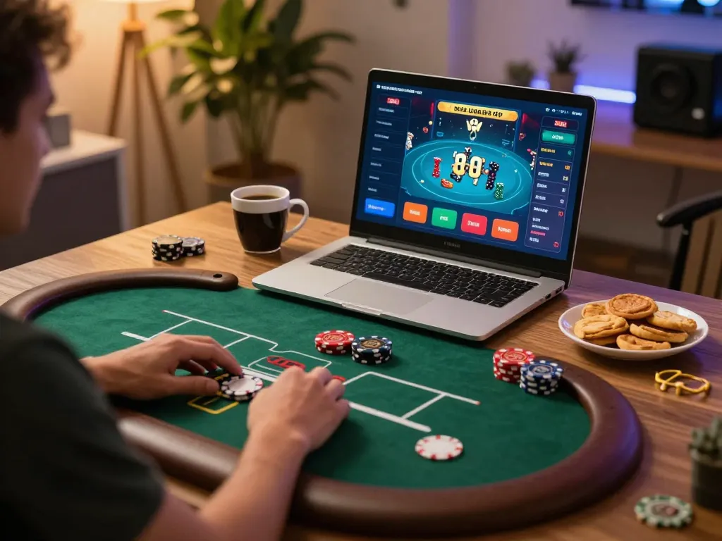 Engaging with f8betz online poker game in a cozy home office setting.