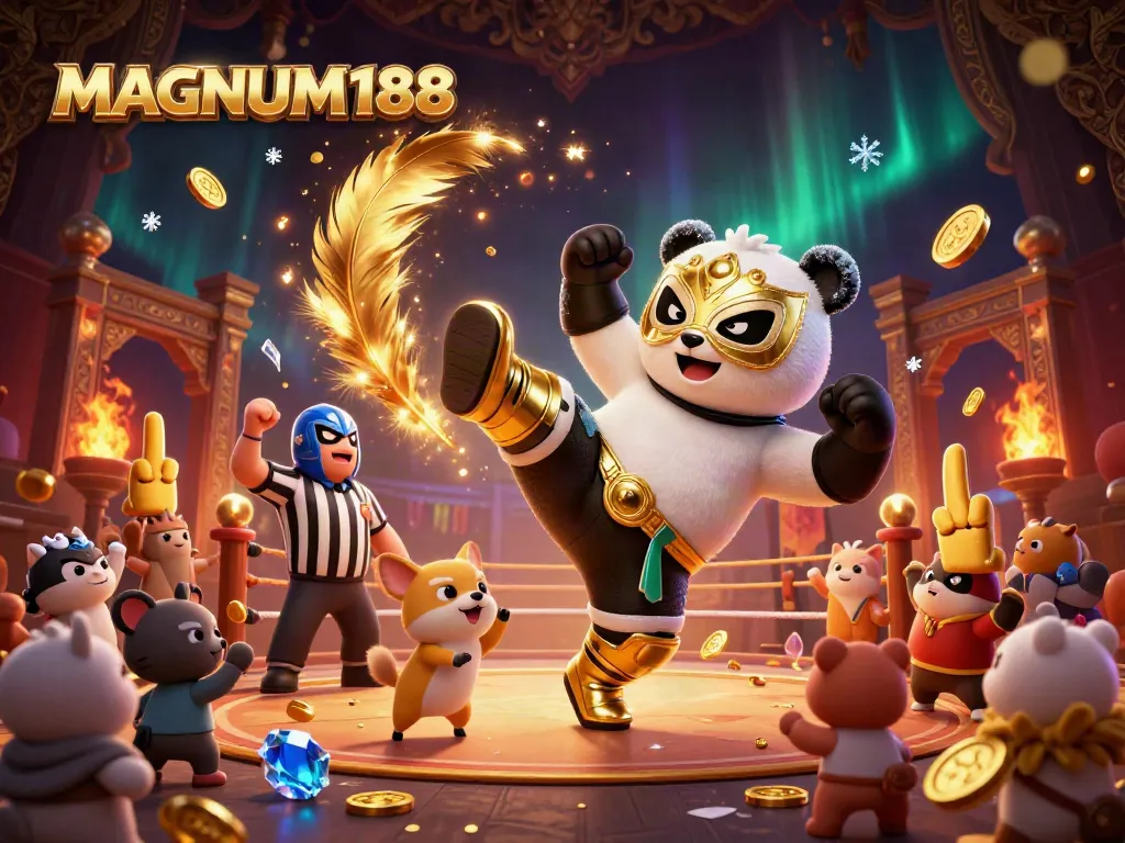 Experience the excitement of MAGNUM188 with a thrilling wrestling panda illustration surrounded by lively casino elements.