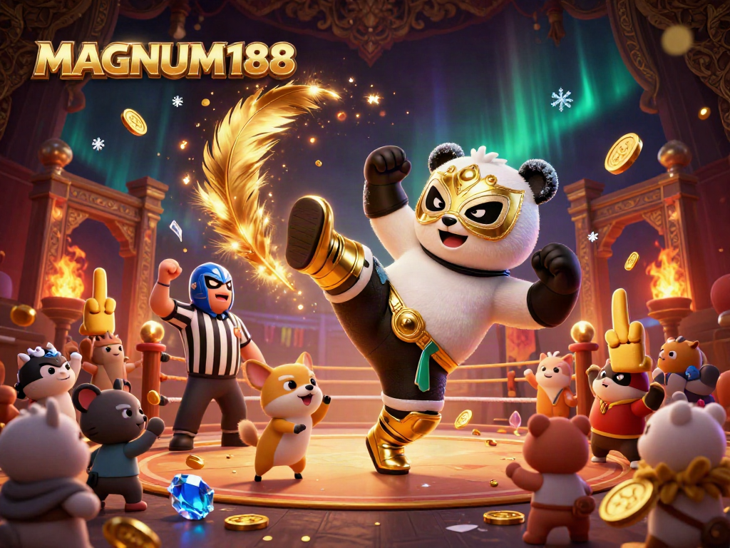 Experience the excitement of MAGNUM188 with a thrilling wrestling panda illustration surrounded by lively casino elements.