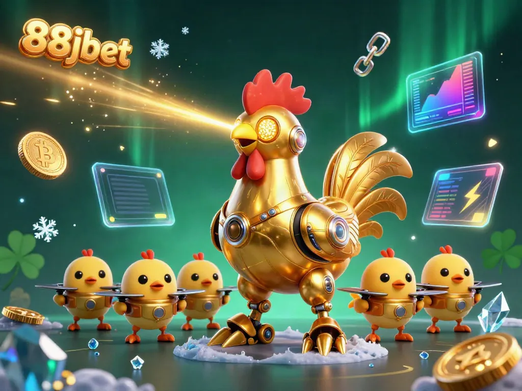 Engage with 88jbet through a vibrant 3D illustration showcasing a golden rooster robot and crypto elements.