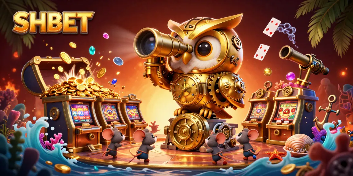 Experience the excitement of SHBET with a golden owl watching over a vibrant casino scene filled with treasures and games.