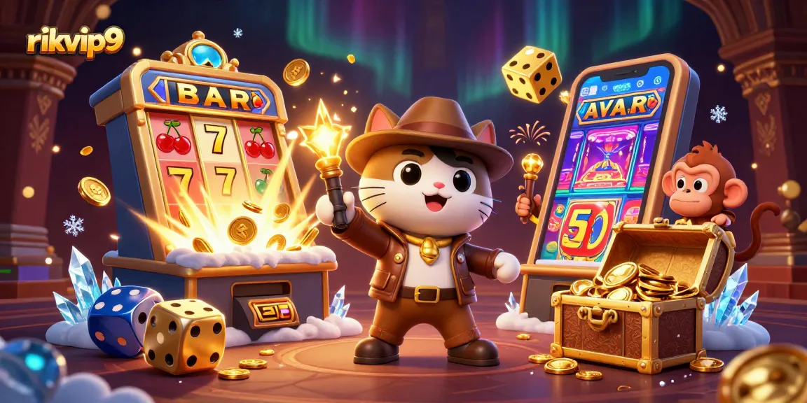 Experience thrill at rikvip9 with a dynamic scene of cats discovering casino treasures surrounded by jackpot symbols.