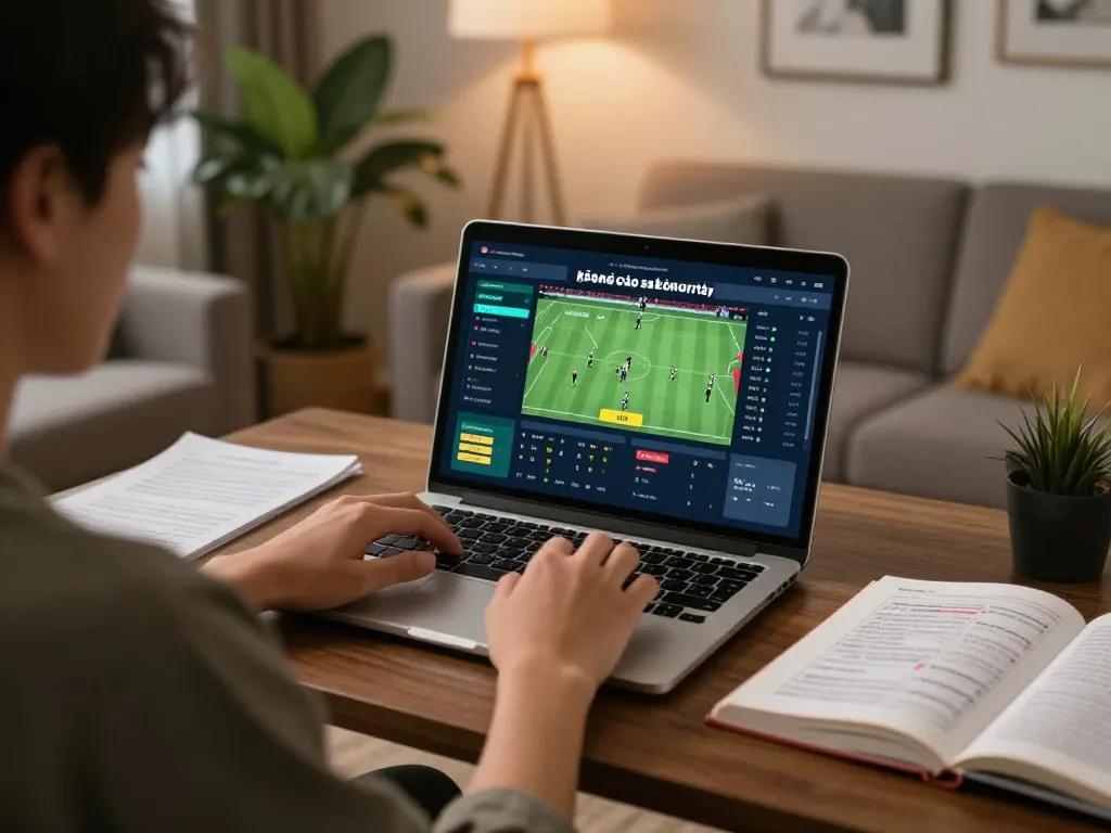 Engaging in sports betting on a laptop to check kèo nhà cái hôm nay in a cozy home environment.