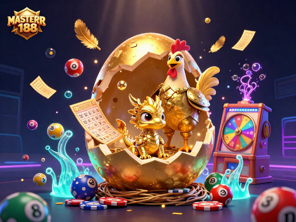 Join the excitement of MASTER188 with a dazzling scene of a golden dragon amidst lottery fun.