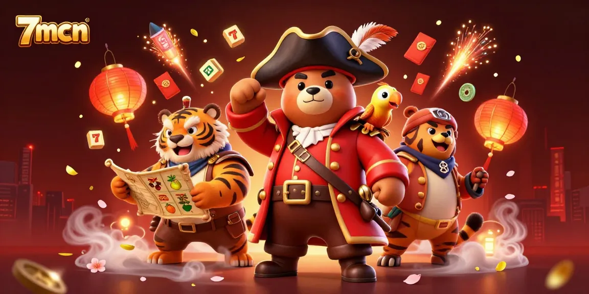 Engage with vibrant casino action at 7mcn featuring colorful slot reels, pirate characters, and gambling elements.