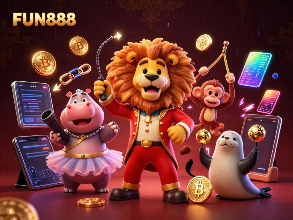 Experience the vibrant FUN888 casino world with lively 3D characters in a dynamic gaming atmosphere.
