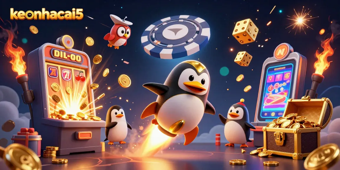 Experience keonhacai5 excitement with a golden penguin and casino action in a dynamic space scene.