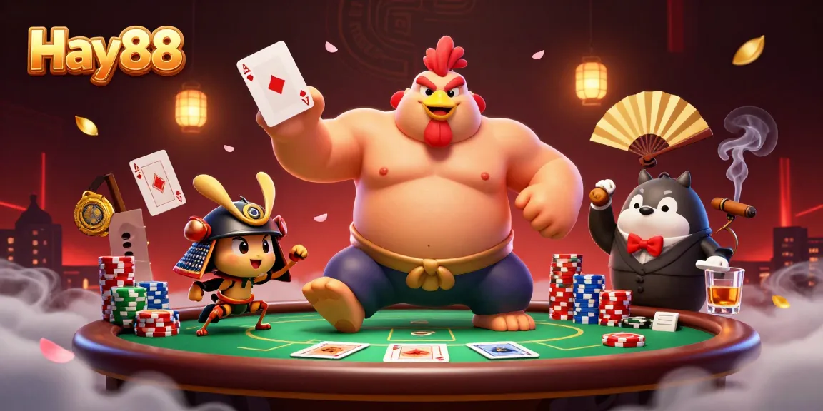 Watch Hay88's dynamic casino showdown with a sumo rooster and samurai cricket at a poker table.