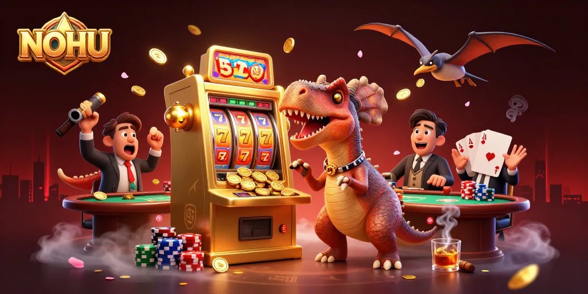 NOHU slot machine jackpot celebration with coins raining down amidst 3D cartoon characters
