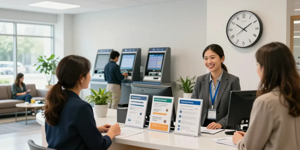 Trademark federal credit union welcoming lobby with staff assisting members.