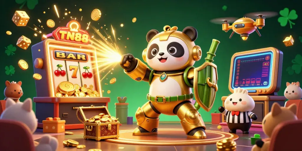 Experience the excitement of TN88 in this vibrant casino-themed illustration featuring a mech-suit panda and thrilling jackpot elements.