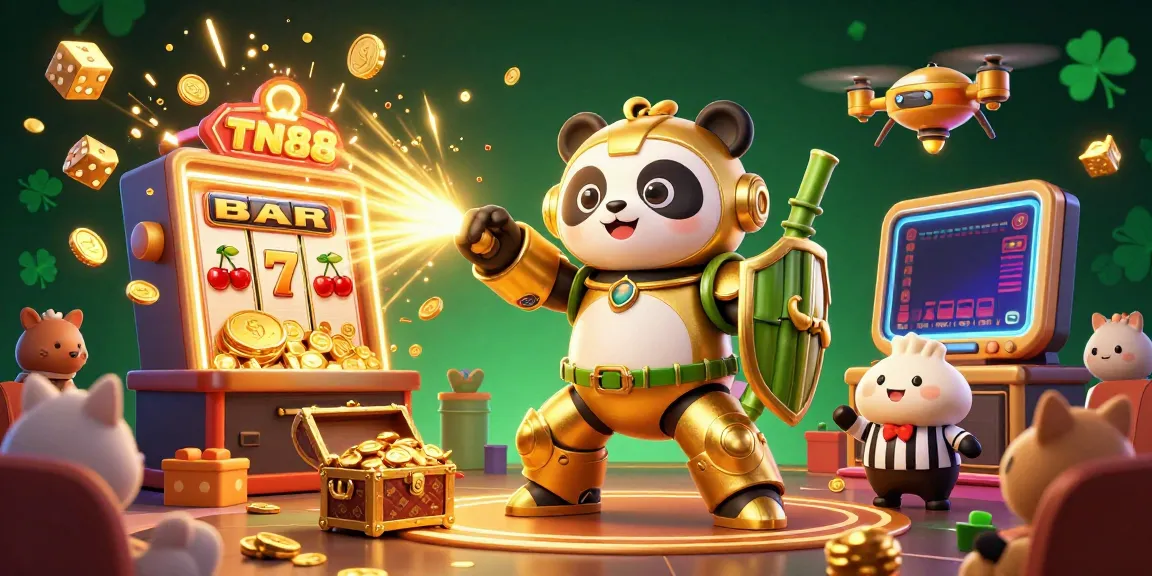 Experience the excitement of TN88 in this vibrant casino-themed illustration featuring a mech-suit panda and thrilling jackpot elements.