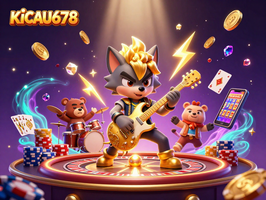 KICAU678 online gaming scene with a rock star wolf and drummer bear, showcasing vibrant casino elements