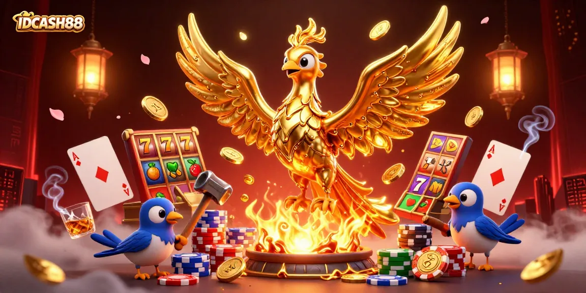 Engage in thrilling slots with IDCASH88 as golden phoenix emerges with jackpots and dynamic game elements.