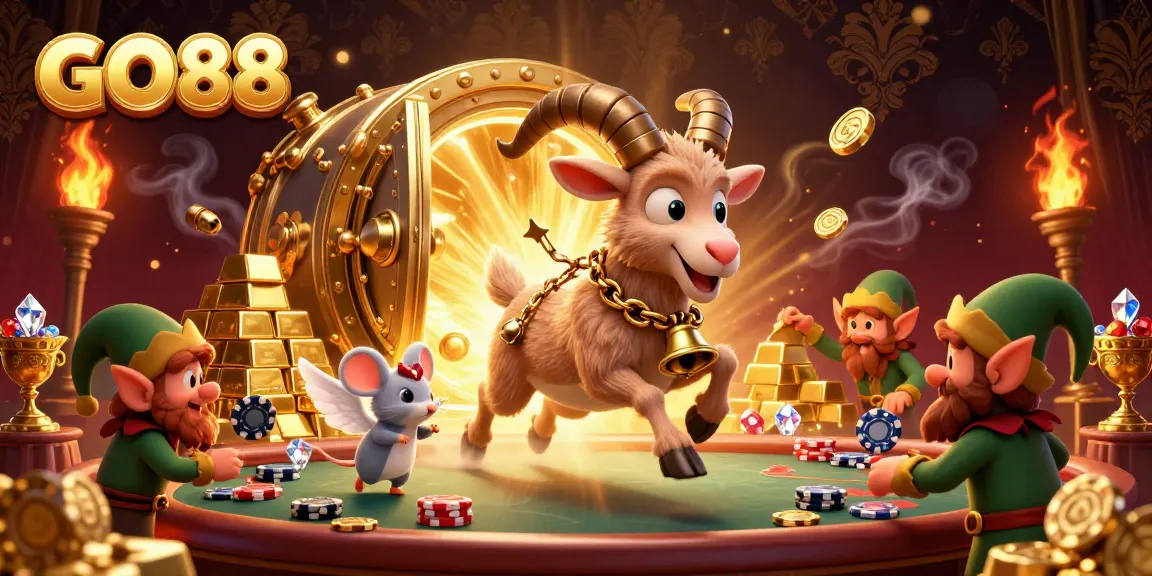Engage in thrilling gameplay at GO88, where the Krampus goat oversees a festive casino scene filled with jewels and excitement.