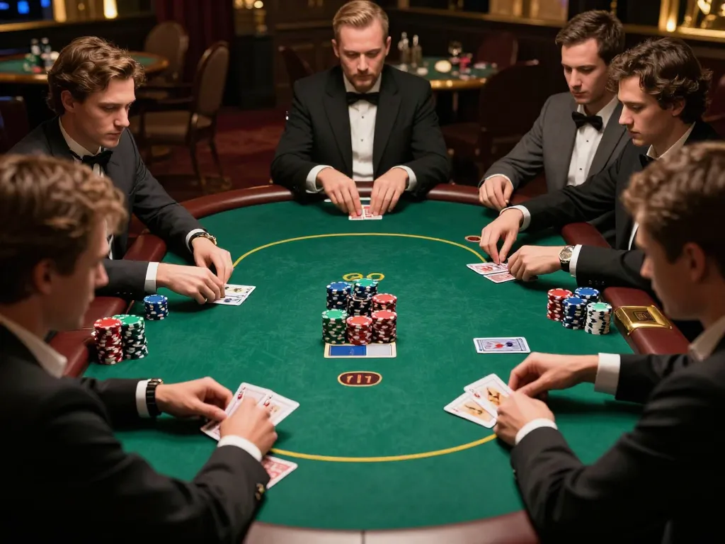 Players engaging in a strategic poker game at GK88 casino with rich green felt tables and warm lighting.