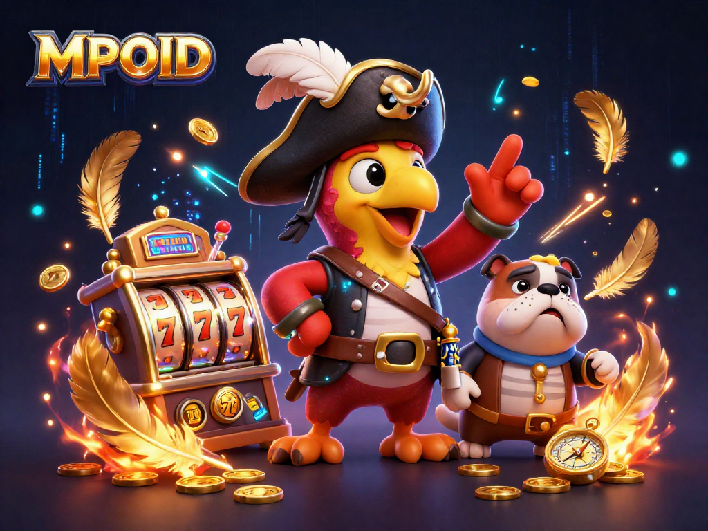 MPOID offers thrilling gameplay with vibrant slot reels and golden coins swirling around in this captivating scene.