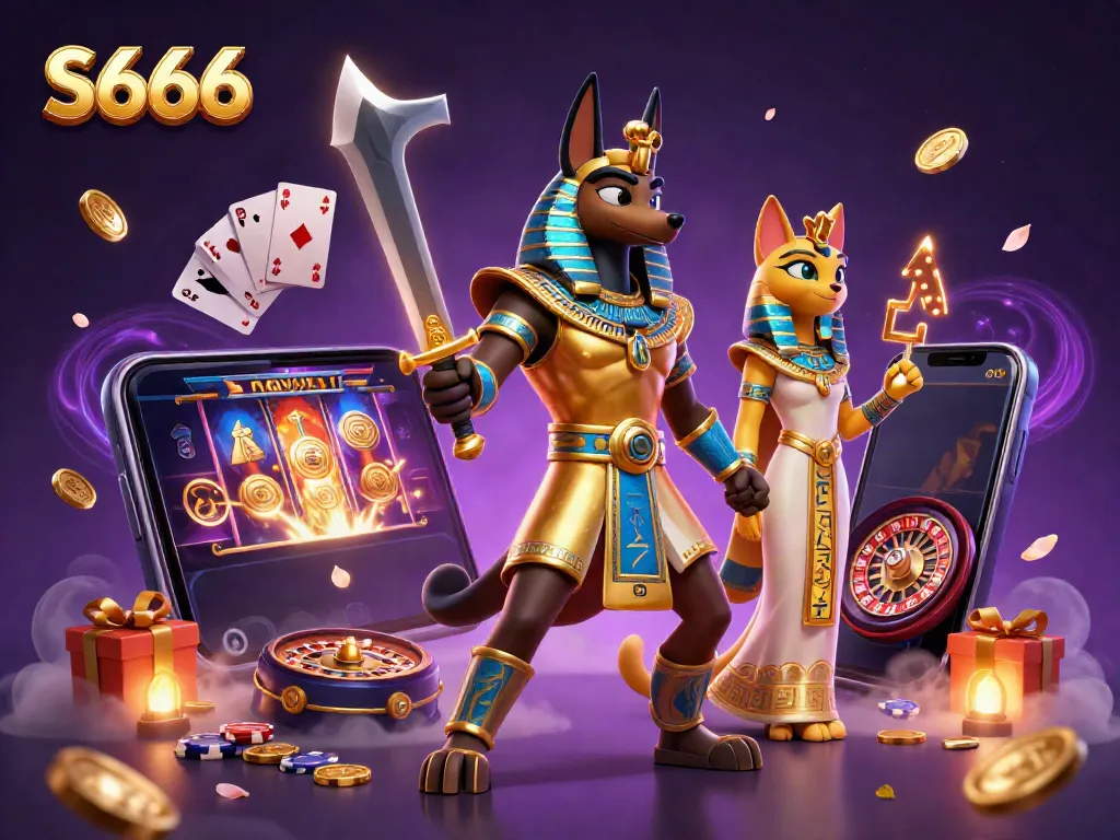 Experience immersive gaming in the vibrant S666 3D casino world with Anubis and Bastet.