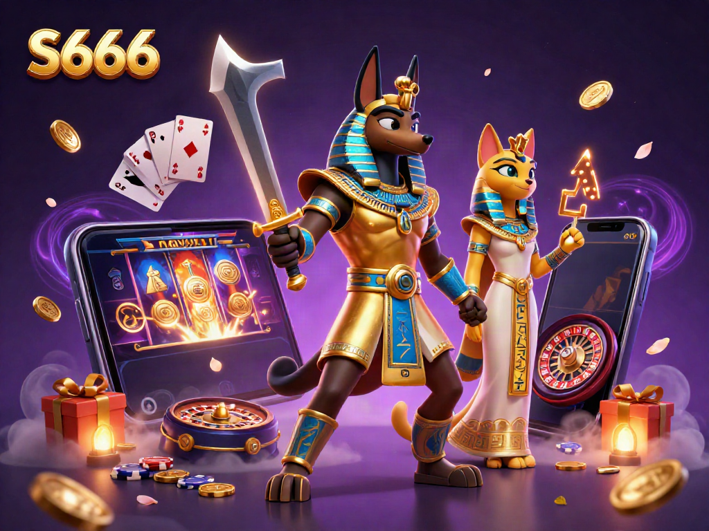 Experience immersive gaming in the vibrant S666 3D casino world with Anubis and Bastet.