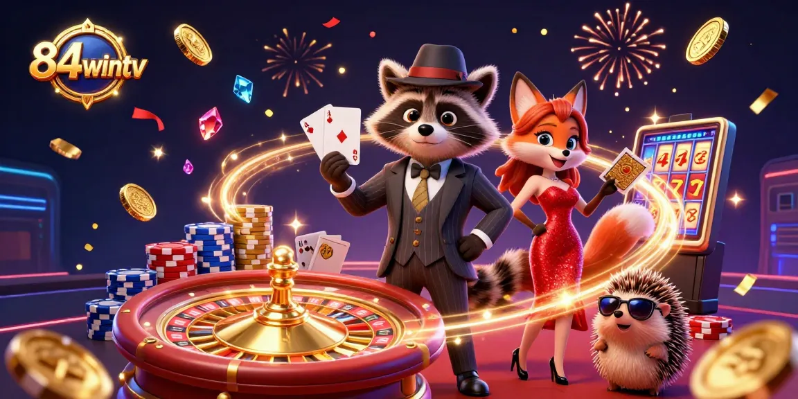 Experience winning moments with 84wintv through a lively 3D casino digital illustration.