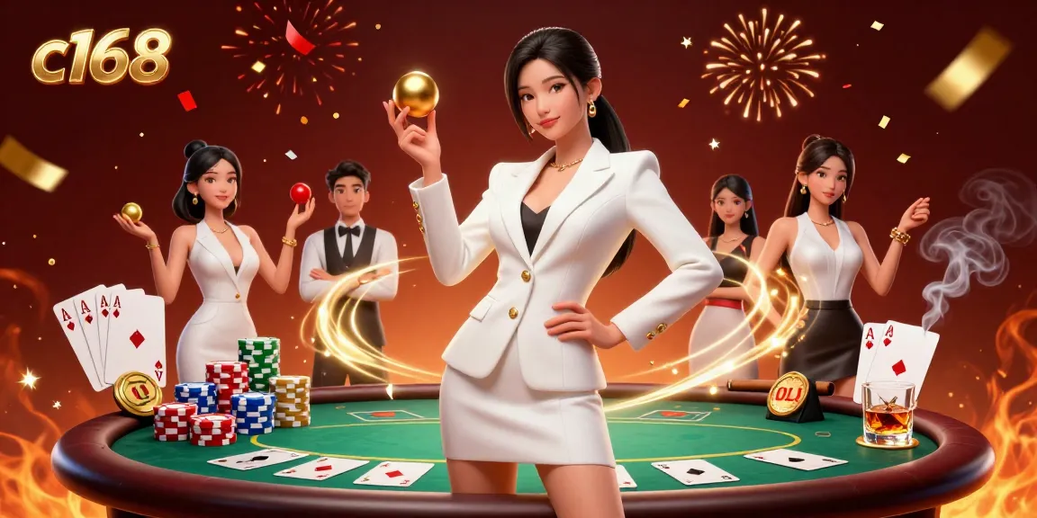 Engage in thrilling gameplay with c168 featuring a confident woman at a poker table surrounded by vibrant casino elements.