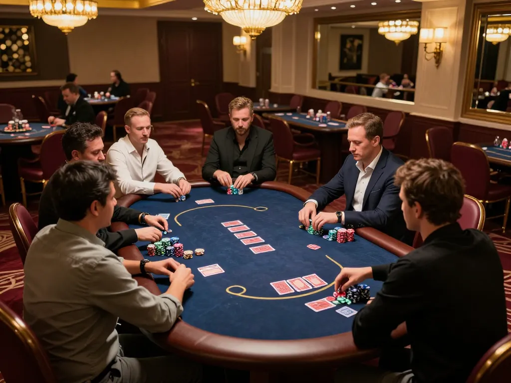 88clb players engaging in a high-stakes poker game at an elegant casino table.