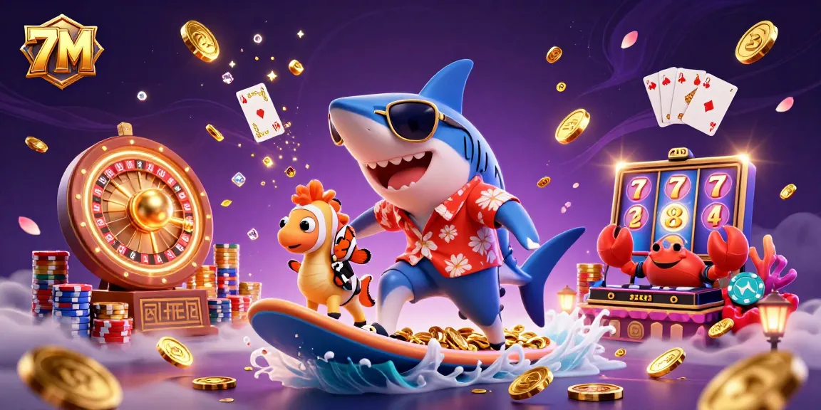 Surf the wave of gold with 7M in this energetic casino scene featuring vibrant characters.