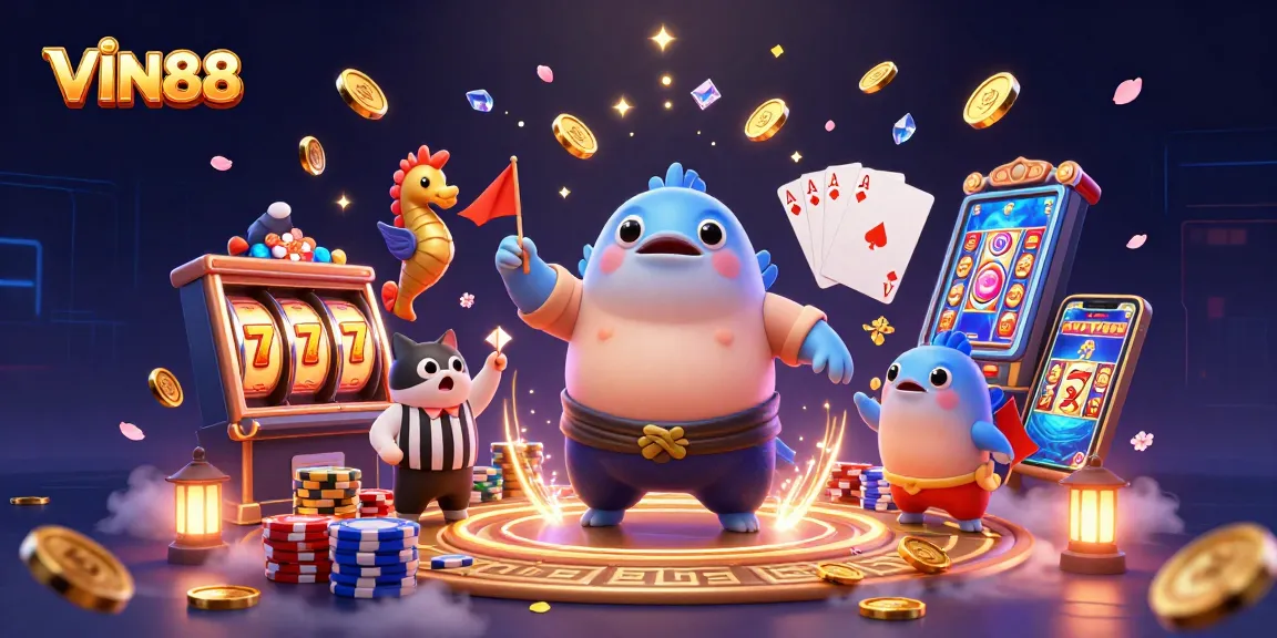 Action-packed VIN88 scene depicting a playful fugu with slot games, coins, and cheering spectators.