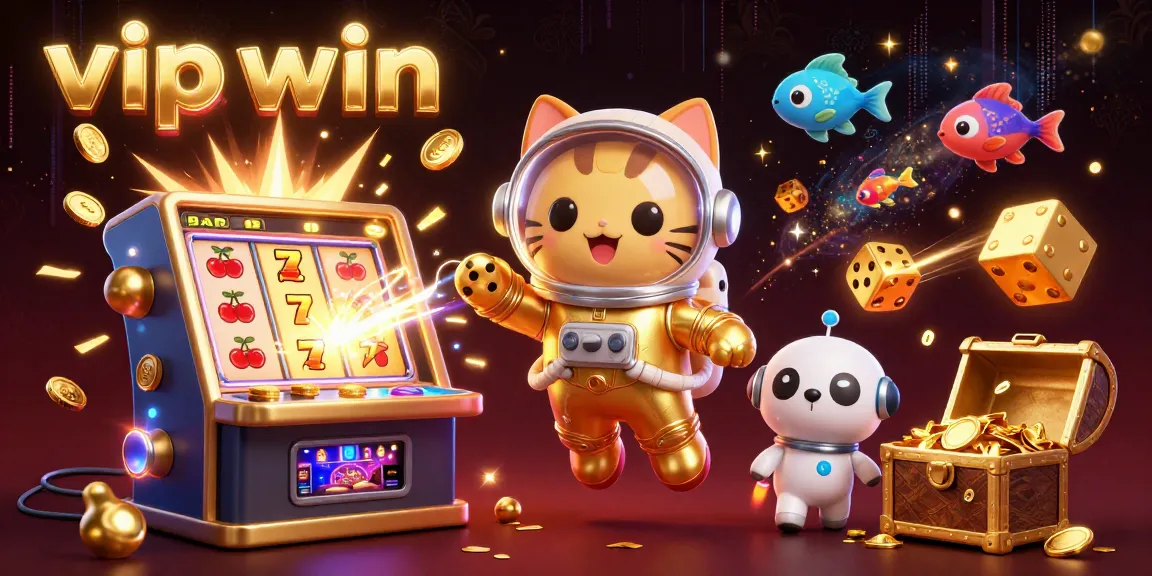 Engage in VIPWIN's thrilling casino experience with dynamic slot machine action and space-themed characters.