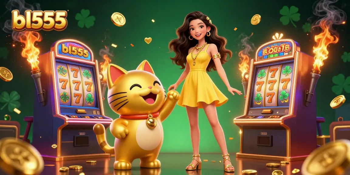 Engage with thrilling slot adventures at bl555 featuring a joyful woman and a golden lucky cat.