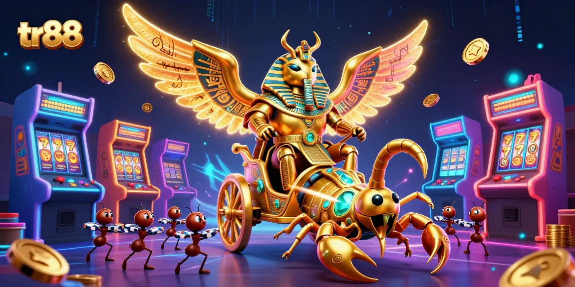 Engage with tr88’s thrilling world featuring a golden scarab in a casino scene filled with colorful slot machines.