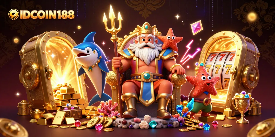 IDCOIN188 showcases a lively casino scene with Neptune surrounded by treasures and slot machines.
