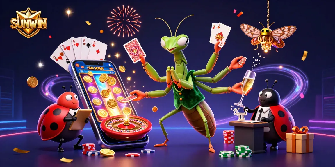 SUNWIN showcases a vibrant 3D casino scene with a giant mantis card sharp and ladybug pit boss managing games and celebrating.