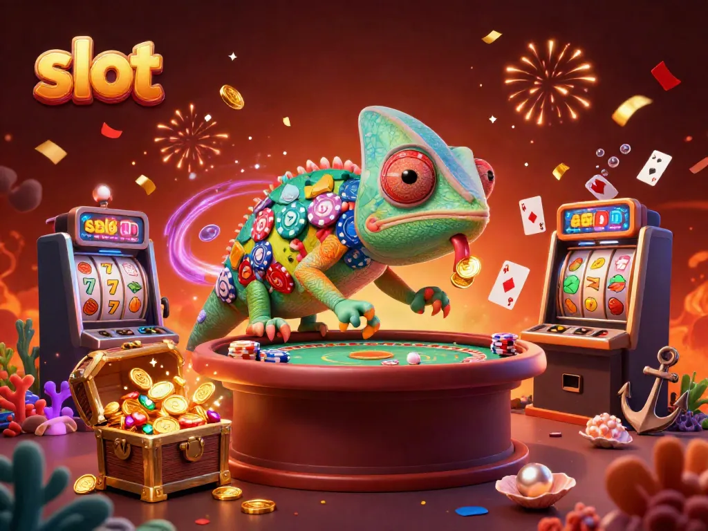 Engage with thrilling slot experiences featuring vibrant graphics and a colorful chameleon casino owner.
