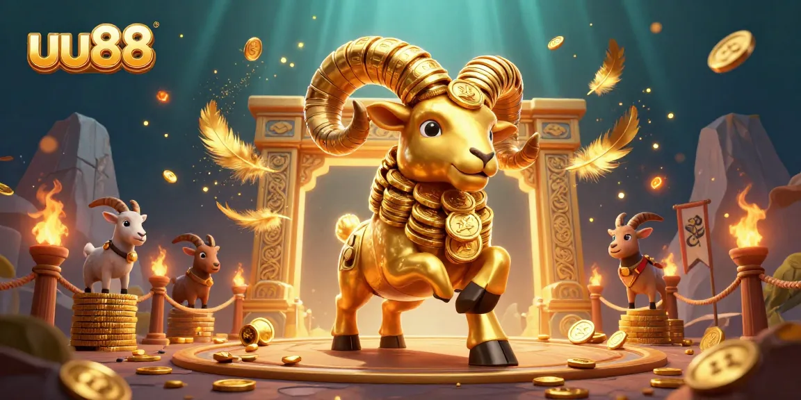 Engage in exciting gaming at uu88 with a golden ram charging through a grand casino scene.