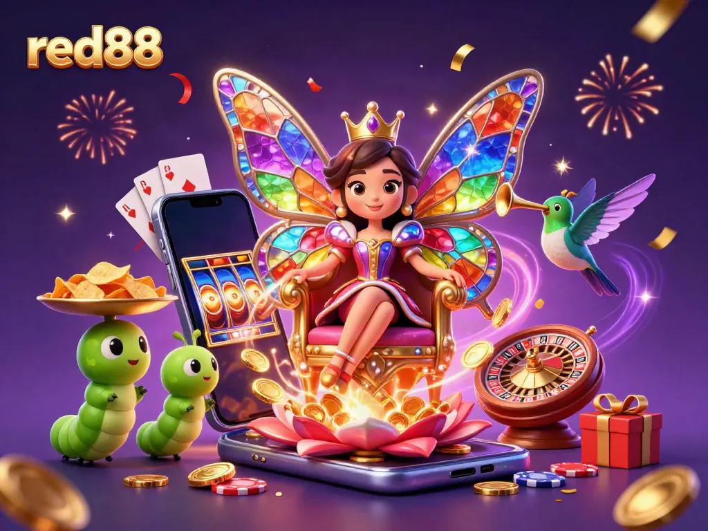 Enjoy exhilarating gaming at red88 with a vibrant 3D casino scene featuring our butterfly queen, slot games, and golden excitement.