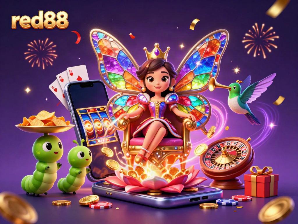 Enjoy exhilarating gaming at red88 with a vibrant 3D casino scene featuring our butterfly queen, slot games, and golden excitement.