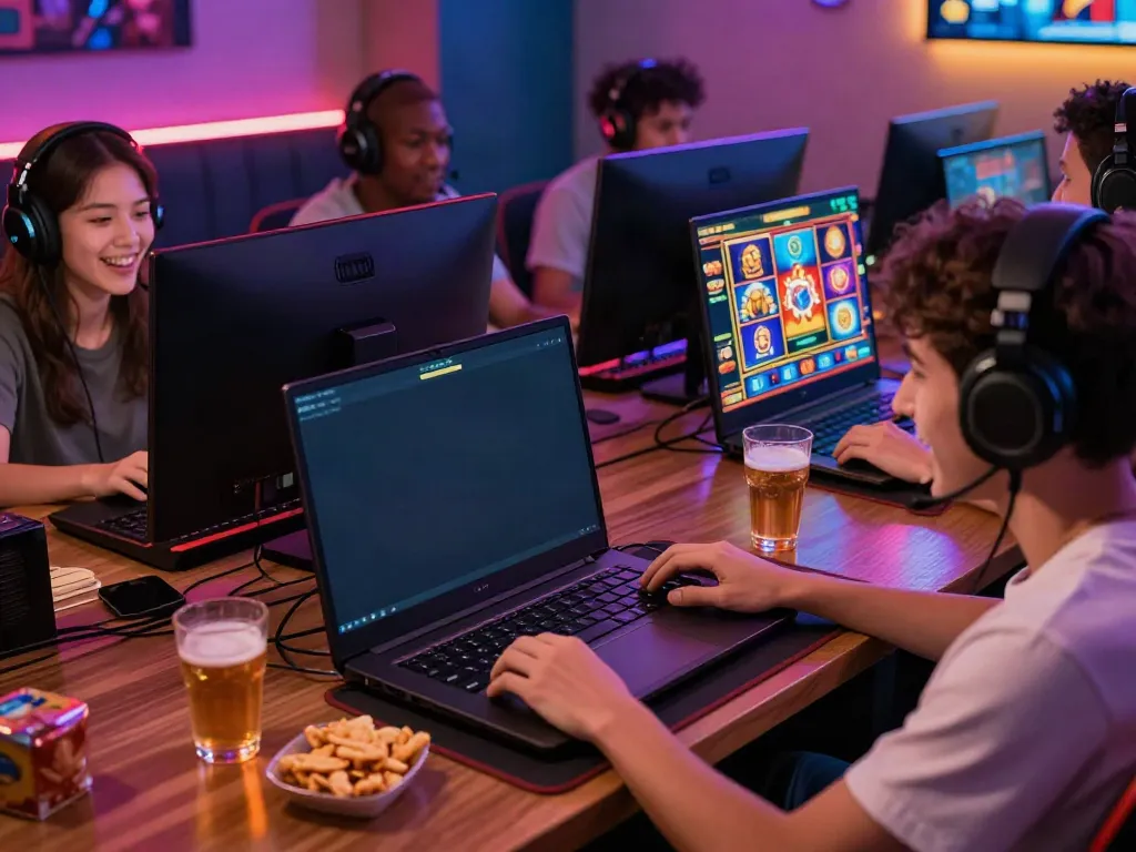 Bro138 online gaming experience with players enjoying interactive slot games in a vibrant, engaging atmosphere.