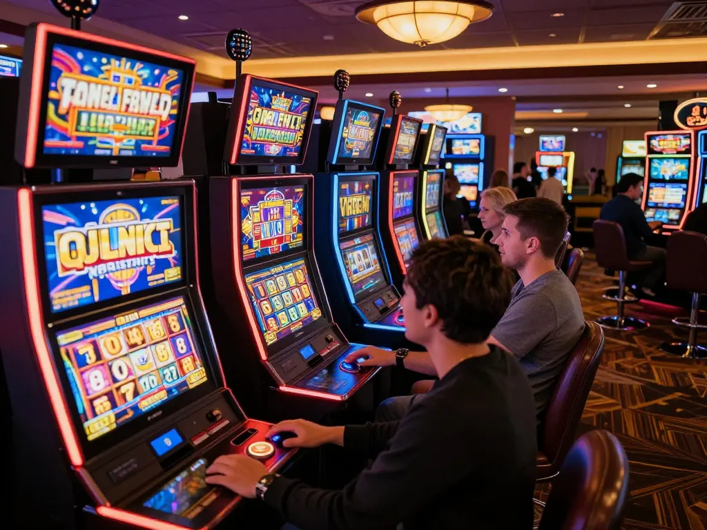 MPOID login action at vibrant casino, players engaged with spinning slot machines and colorful lights.