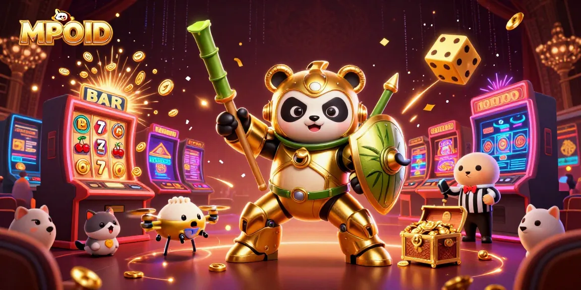 MPOID showcases an exciting scene with a mech-suit panda amidst casino elements, celebrating wins.