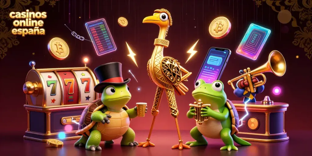 Disfruta de la experiencia de casinos online España con una ilustración vibrante de personajes divertidos y elementos de juego.
